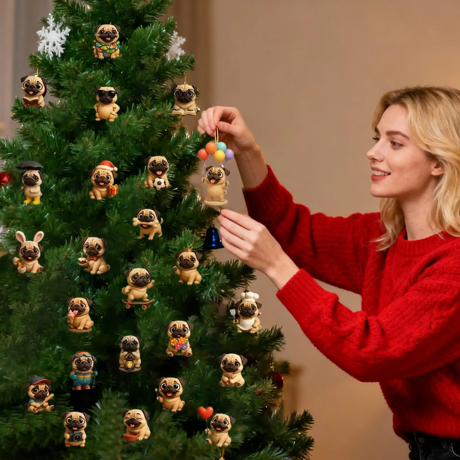 Pug Christmas Advent 2025 24 Days 2D Acrylic Dog Xmas Tree Decoration Pug Tree Ornament Countdown Calendar for Kids Adults Gifts