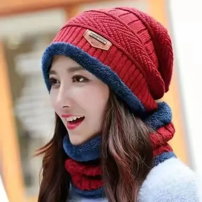Winter Hats Knit Cap Men Women Velvet Scarf Neck Protect