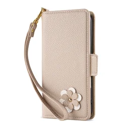 Elegant 3D Floral Leather Phone Wallet Case with Card Slot and Flip Cover - iPhone 15 Plus (Khaki)