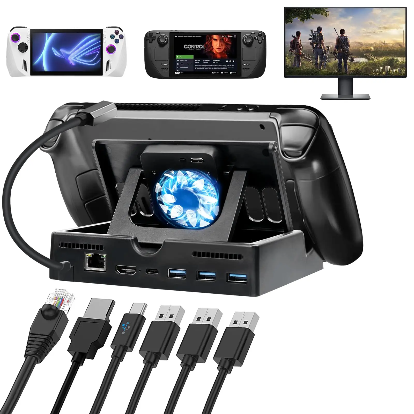 

6-в-1 док-станция для Rog Ally/Паровая колода с Gigabit Ethernet Hdmi 2,0 4k @ 60hz 60w Pd порт 3 * Usb 3,0 с охлаждающим вентилятором