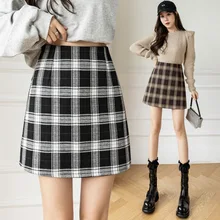 

2022 New Woolen Plaid Mini Skirt Young Women Autumn Winter Ladies High Waist Sexy Hipline A-line Short Skirt Pants RXHBSQ701
