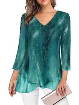 Printed V-neck Long Sleeved Pleated Casual Women's T-shirt Street Versatile Elegant Commuting Style Spring Top 1
