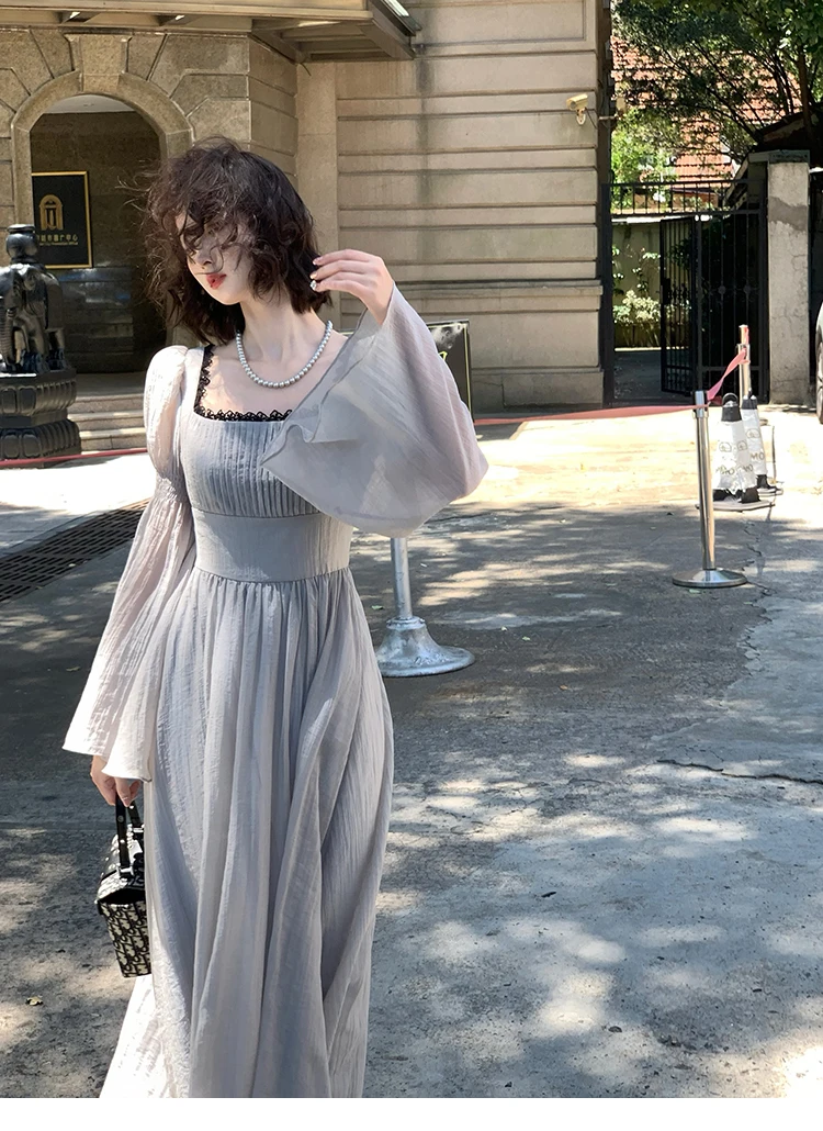 Autumn Princess Midi Dresses for Women Square Collar Flare Sleeve A-line Party Dress Slim Waist Korean One Piece Vestidos New