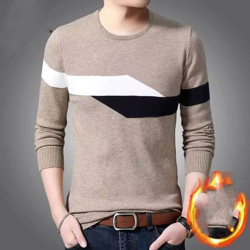 Trend Fashion Autumn Winte New Sweaters Men's O-Neck Contrast Color Casual Loose Plus Velvet Long Sleeve Pullovers Knitted Tops 4