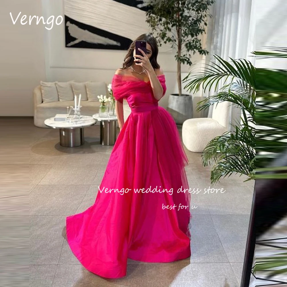 

Verngo Off the Shoulder Fuschia Tulle Long Prom Dresses Saudi Arabic Femme A Line Satin Evening Gowns Formal Party Dress