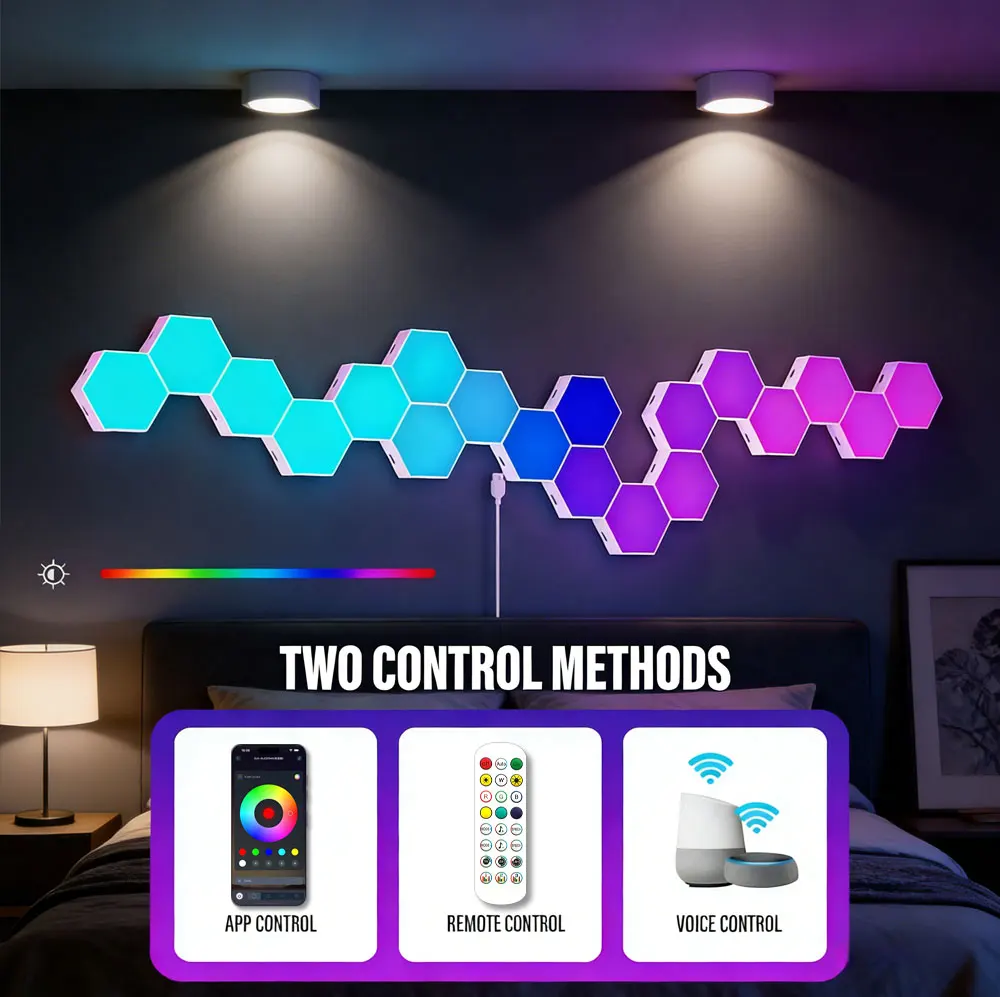 5V Smart RGB Hexagon Wall Light Panels USB Powered – DIY Modular Ambient Lighting, Color Changing with Music Sync & App Control for Bedroom & Game Room