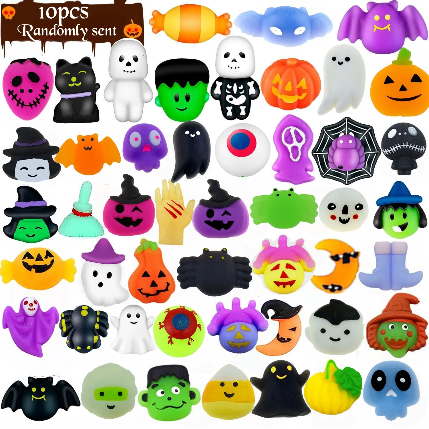 

10pcs Halloween Squishy Toys Sticky Mochi Antistress Ball Halloween Bat Pumpkin Ghost Squeeze Party Favors Stress Relief Toys