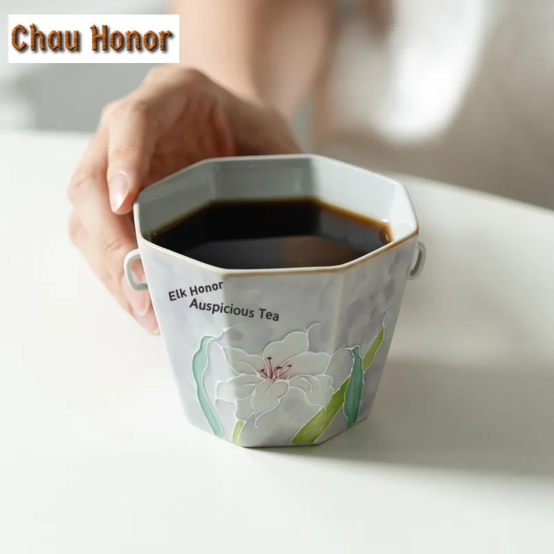 240ML Misty Purple Hand-painted Lily Teacup Elegant Tea Bowl Water Jug Tea-tasting Meditation Cup Jianzhan Master Cups Tableware