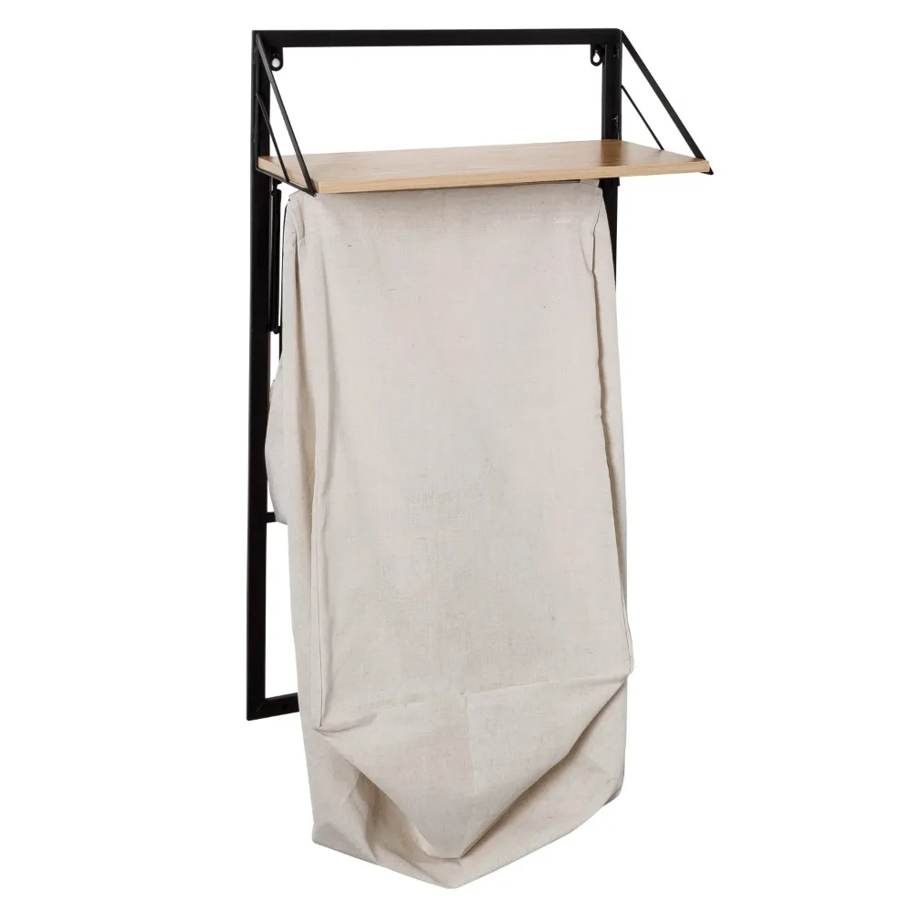 Steel Over-the-Door or Wall Mount Folding Clothes Hamper with Shelf, Black/Maple