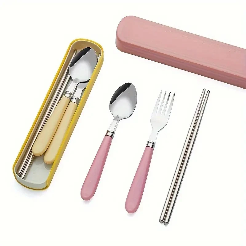 3pcs Stainless Steel Cutlery Set Premium Stainless Steel Cutlery Set with Fork, Chopsticks, Spoon and Storage Box-Perfect Gift For Office Workers and Stud