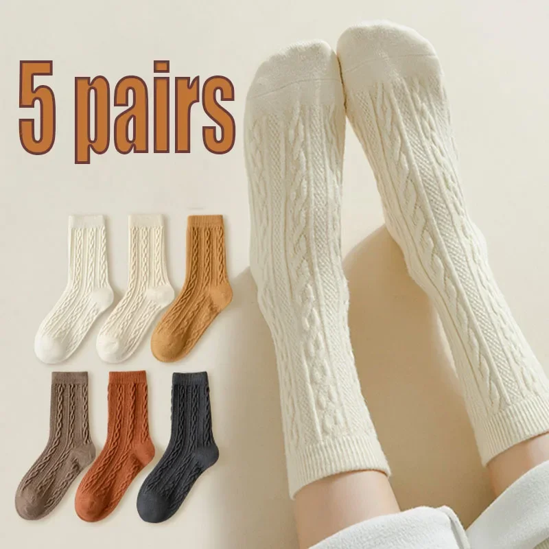 

Women's Set White Warm Thicken Pack Japanese Sock Wool 5Pairs Crew Style Simple Casual Solid Black Color Socks/Lot Winter Socks
