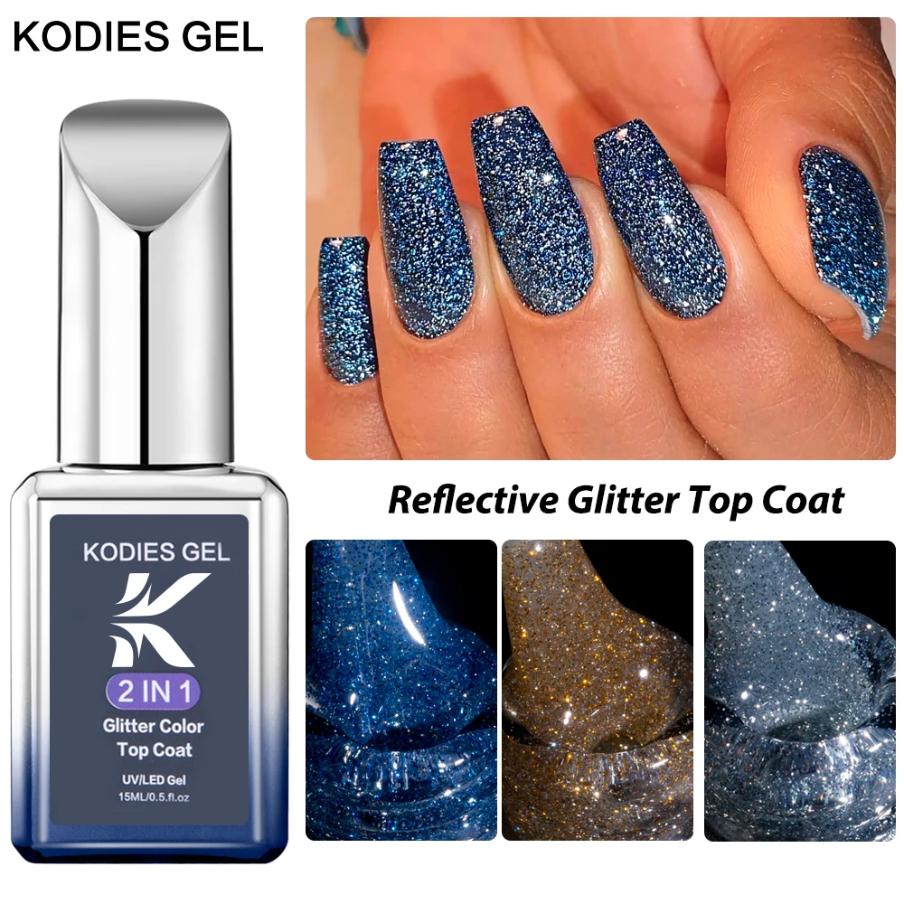 

KODIES GEL Reflective Gel Nail Polish Top Coat No Wipe 2 IN1 15ML Semi Permanent UV/LED Sparkle Super Shine Enamels for Nail Art