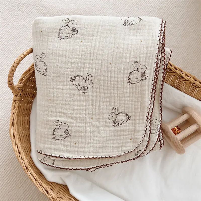Cotton Muslin Baby Quilt Floral Blanket Crib Bunny
