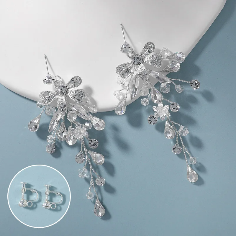 SLBRIDAL Handmade Rhinestones Crystal Pearls Flower Bridal Dangle Earring Wedding Drop Earring Women Girls Fashion Party Jewelry 5