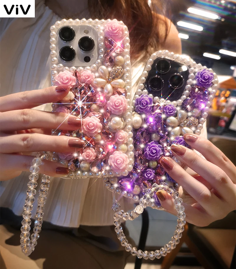 

Роскошный чехол для телефона со стразами, жемчужинами и цветами для iPhone 15 14 Pro Max 13 12 Mini 11 XR XS 8, блестящий прозрачный 3D чехол с цветами