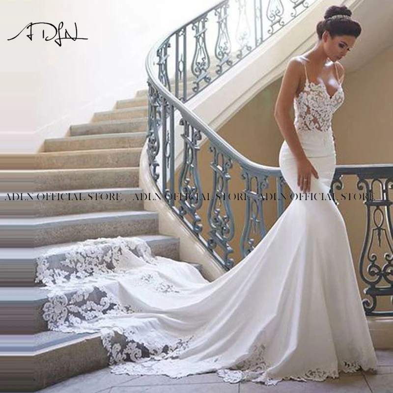 Vestido de novia de sirena con finos, cola encaje, Espalda descubierta, personalizado|Vestidos novia| - AliExpress