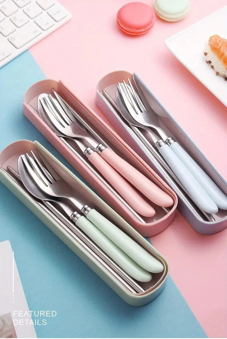 3pcs Stainless Steel Cutlery Set Premium Stainless Steel Cutlery Set with Fork, Chopsticks, Spoon and Storage Box-Perfect Gift For Office Workers and Stud