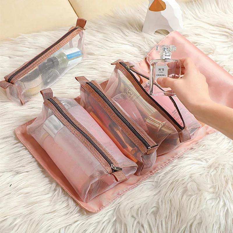 4pcs In 1 Cosmetic Bag For Women Zipper Mesh Separable Makeup Pouches  Travel Foldable Make Up Organizer Storage Toiletry Bag - Cosmetic Bags &  Cases - AliExpress