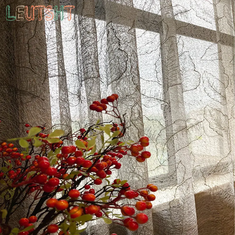 High-Grade Gold Leaf Bird's Nest Hollow Jacquard Sheer Curtains for Living Room Bedroom Luxury Gray Delicate Tulle Home Decor 5