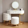 Premium White Faux Leather Vanity Desk Set with Integrated LED Mirror, Comfy Stool and Multifunctional Drawers, White desk 6