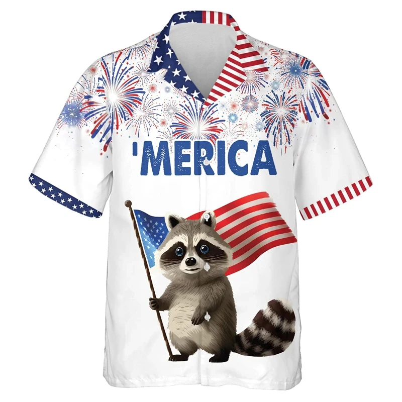 thumbnail image 1 of Camisas de mapache kawaii para hombre, blusas de playa con estampado 3D de animales lindos, blusas casuales de manga corta con solapa y botones para vacaciones, 1 of 5