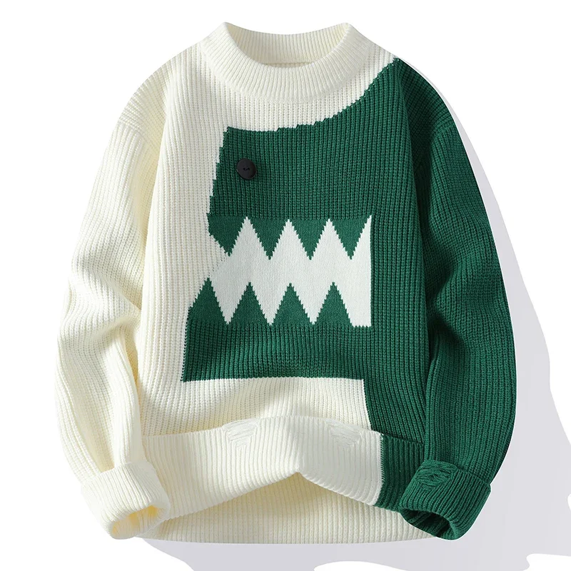 thumbnail image 1 of Suéter de dinosaurio divertido de Harajuku, prenda de punto cálida para otoño e invierno de 2024, nuevo diseño de empalme para parejas, jersey de punto para parejas, 1 of 4