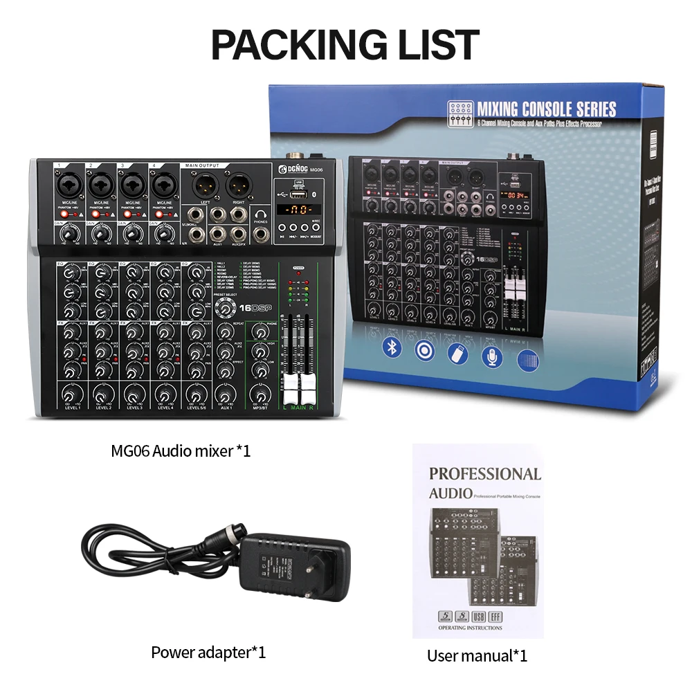DGNOG MG06 프로페셔널 DJ 오디오 믹서 48V 팬텀 파워 16 DSP USB 블루투스 레코딩 믹싱 콘솔 무대 가라오케 스튜디오용