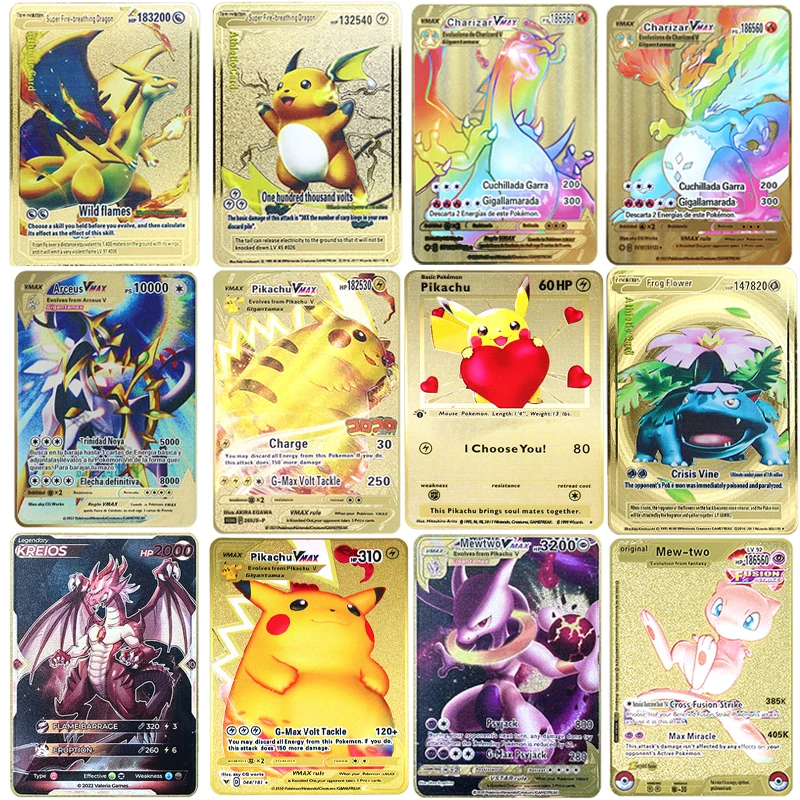 

Суперзолотая металлическая супер-карта 183200 очков для игры HP Charizard Pokemon Raichu, английская карта Mewtwo Vmax Mega из аниме коллекционный подарок