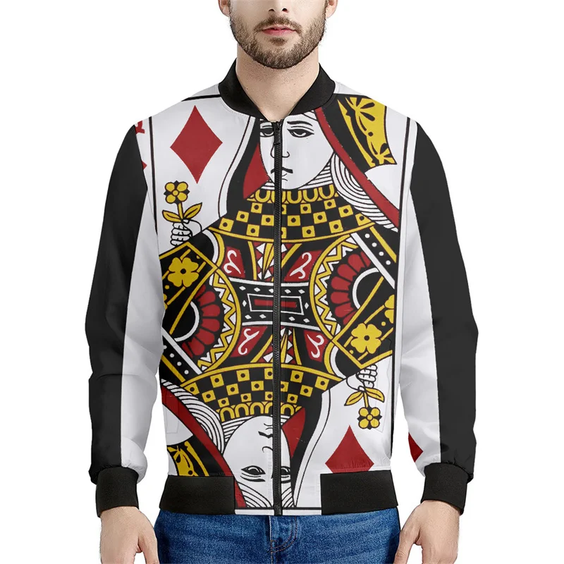 thumbnail image 1 of Chaqueta con estampado de naipes para hombre, chaqueta con cremallera y estampado 3D de póquer, informal, holgada, con cremallera, estilo bomber, 1 of 5