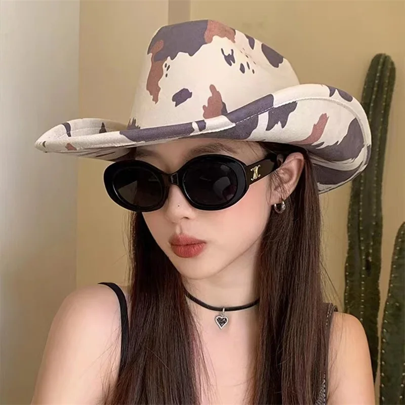 Women's Y2K vintage cowgirl hat Cow pattern soft wide brim western hat for club party