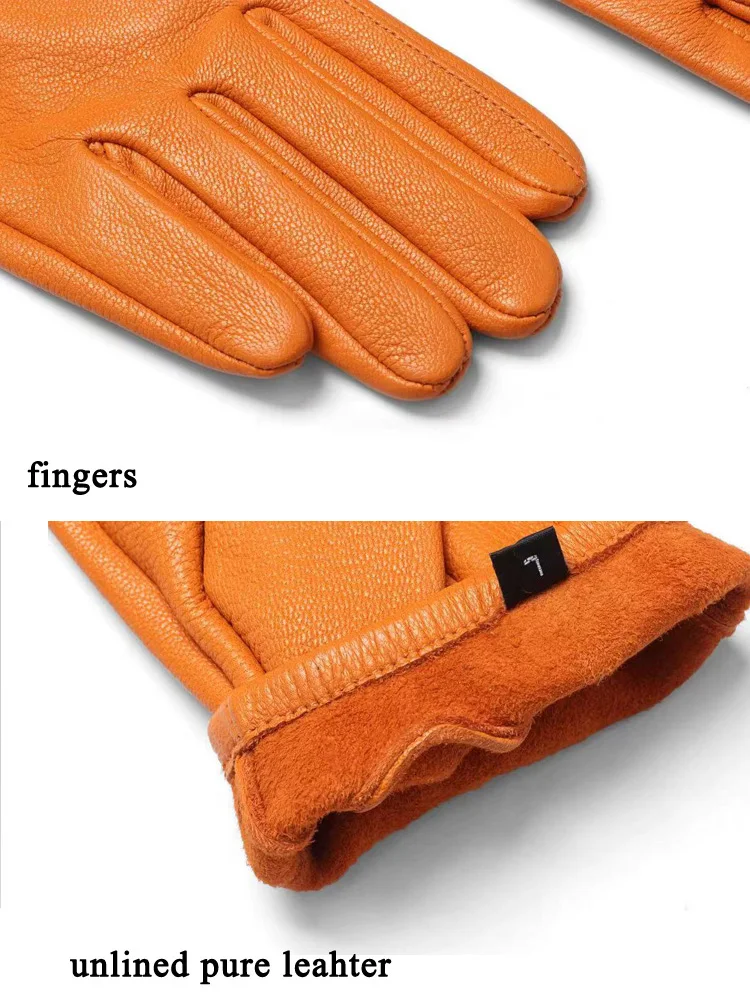 Leather Gloves For Men Winter Male Unlined Elastic Wrist Pure Sheepskin Soft Orange Luvas Arm Warmer Riding Driving Handschuhe