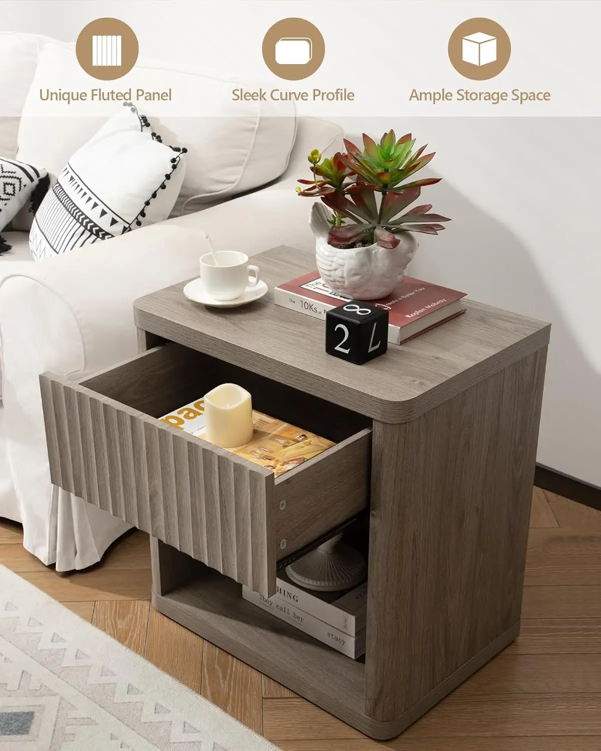 Night Stand Nightstand with Drawer Storage Bed Side Table End Table Large Modern Wood Wide Bedside Stand Mid Century