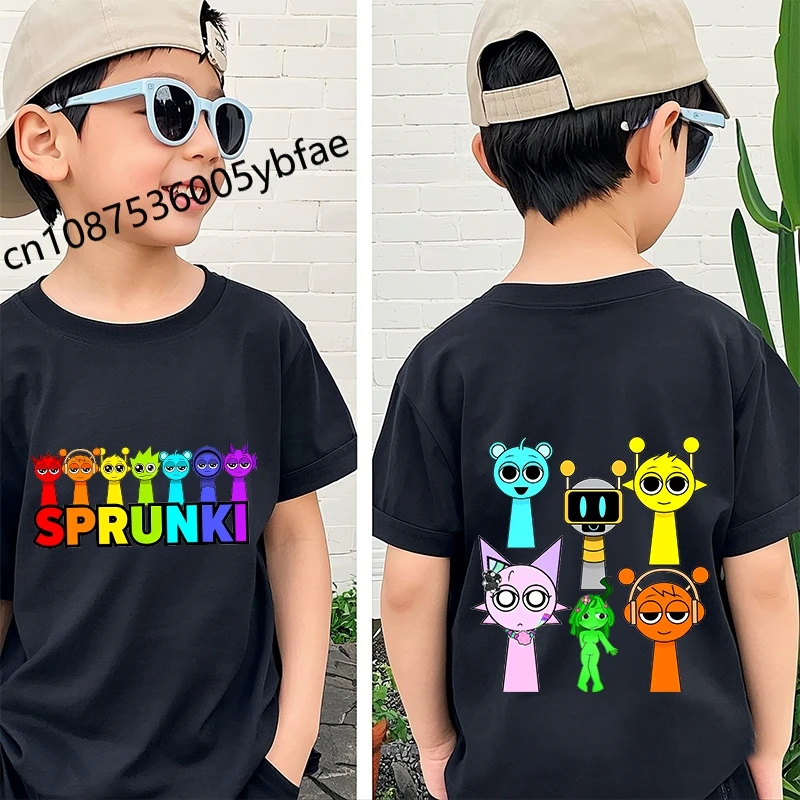 Cartoon Sprunki character printed kids T-shirt pure cotton short-sleeved black cartoon top for boys 4