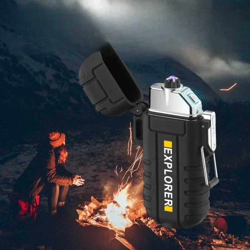 

Type-C Rechargeable Outdoor Windproof Waterproof Dual Arc Lighter with Flashlight Light Portable Cigarette Lighter Men's Gadgets