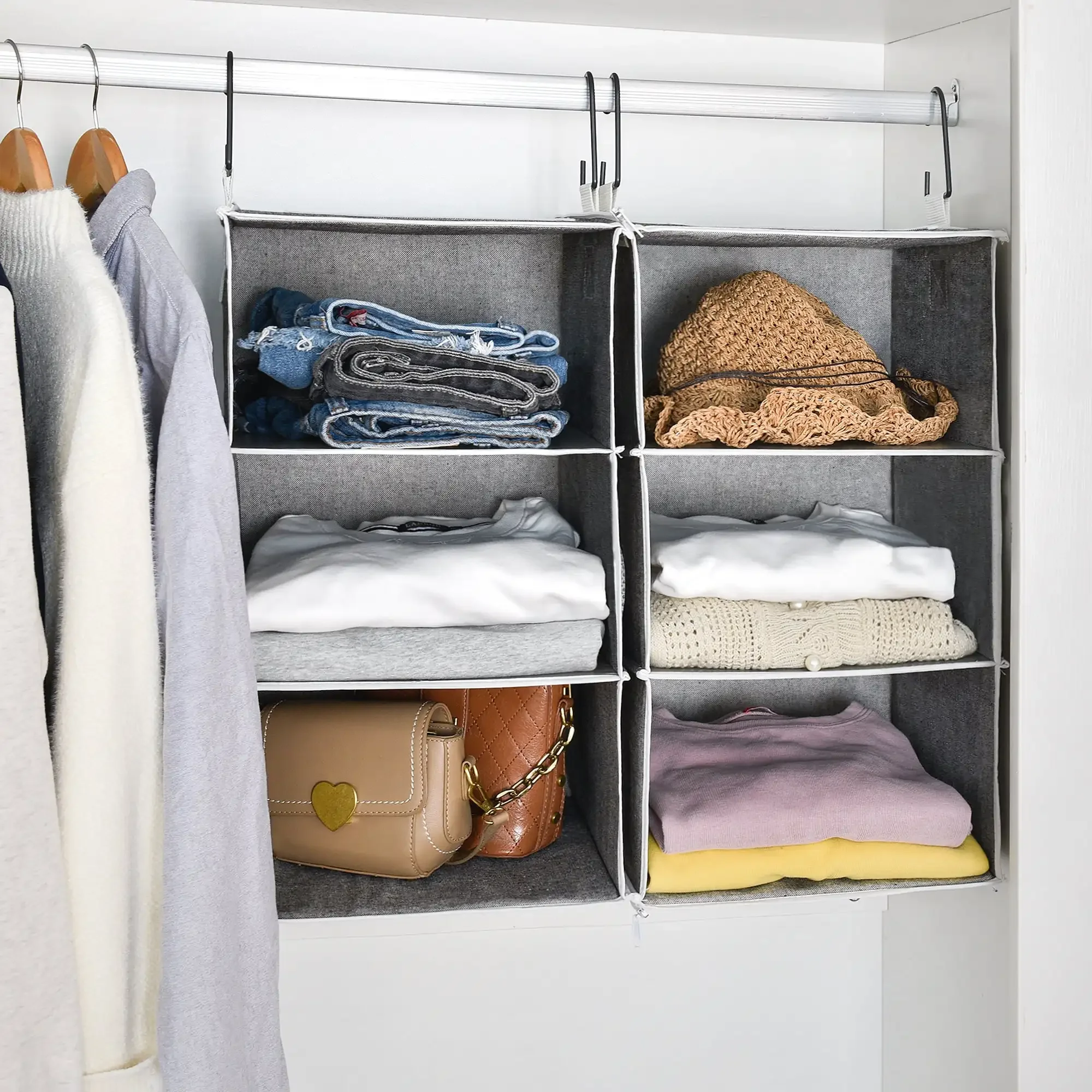 

Foldable Hanging Closet Organizer, Storage Hanging Shelves, 6-Shelf, Polyester Fabric, Gray, 12"x12"x42"