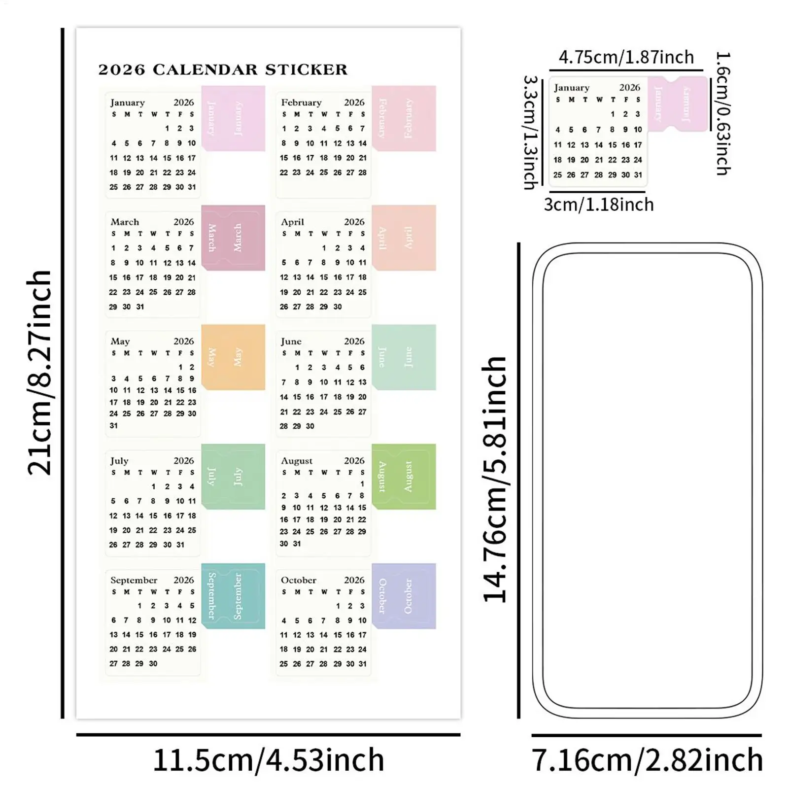 2개입 월간 플래너 스티커 2026 컬러풀 라벨 캘린더 플래너 스티커 스크랩북 용품 학교 사무실용