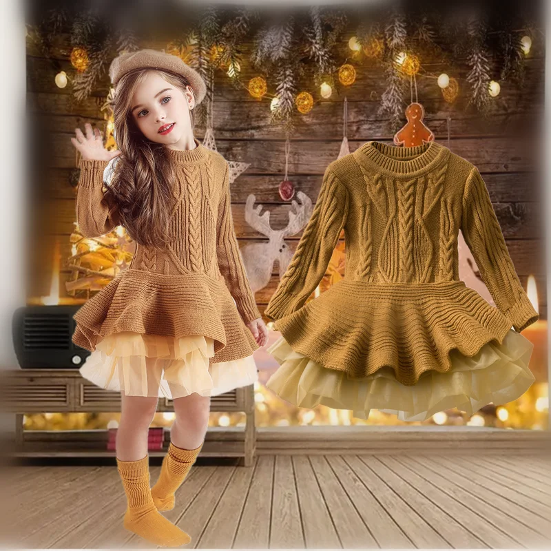 Winter Warm Thick Knit Girl Dress 3-8 Years Kids Long Sleeve Sweater Christmas Tutu Gown Toddler Evening Party Princess Costume