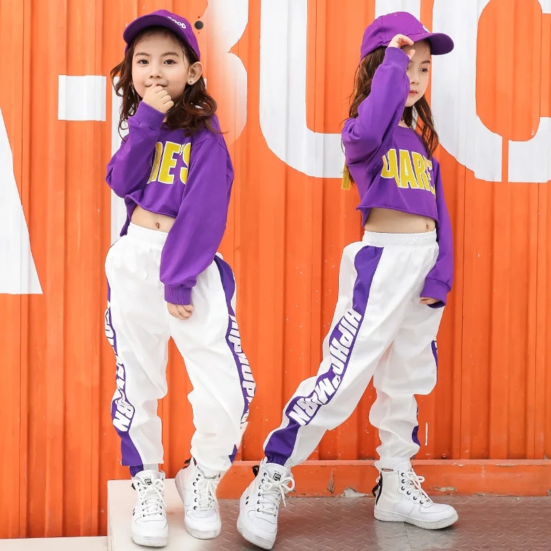 

Kid Cool Hip Hop Clothing Sweatshirt Crop Top Long Sleeve T Shirt Tee White Jogger Streetwear Pants for Girls Jazz Dance Clothes
