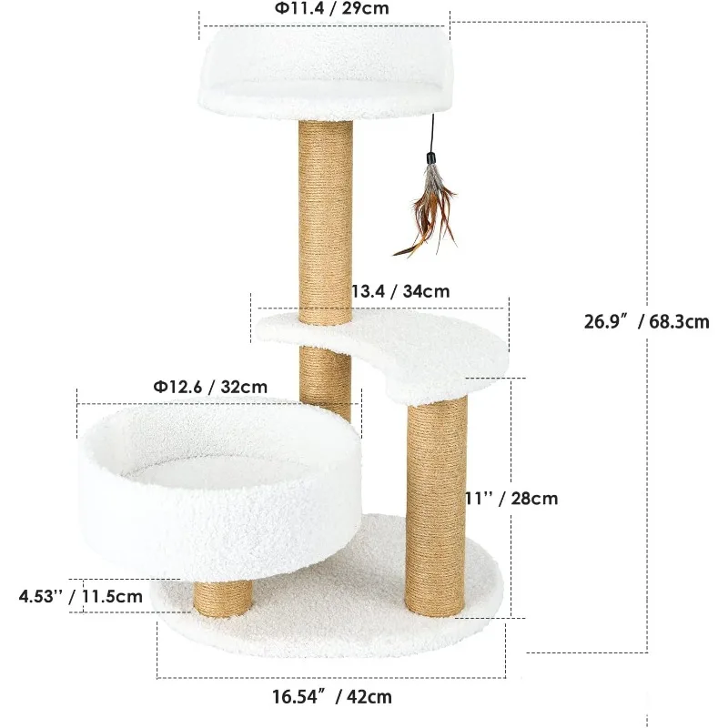 Modern Cat Tree Tower for Indoor Small Cats with Sisal Scratching Post,Hammock,Perch,Bed,Feather Toy,Easy to Assemble 3