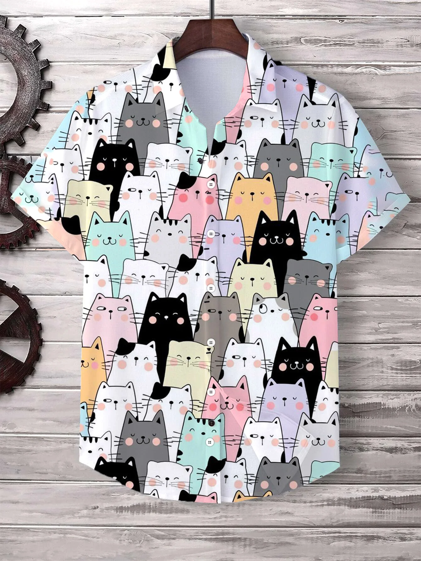 Hawaii Men's Shirt Cute Cartoon Cat 3D Printed Tops Casual Women Short Sleeves Shirts Button Lapel Oversized Unisex Clothing 5