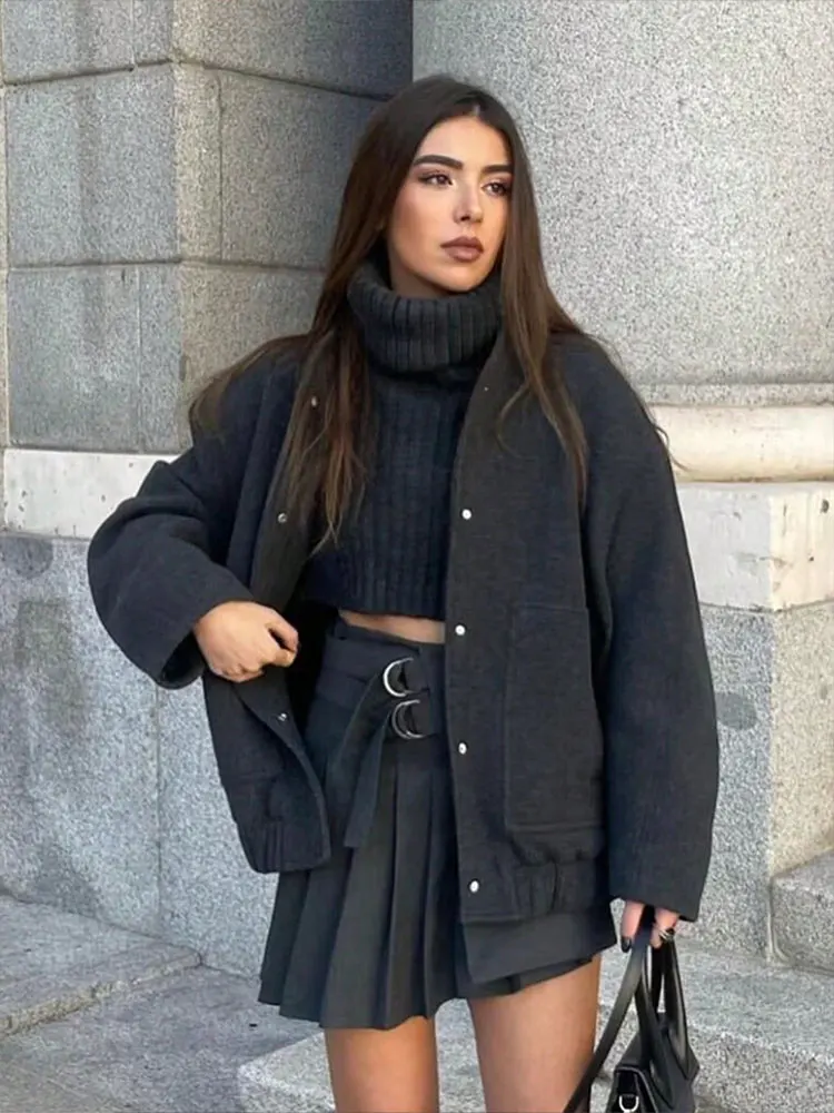 HH Women Elegant Fashion Bomber Jacket Long Sleeve Single Breasted Coats Casual Solid Office Lady Chic Outerwear