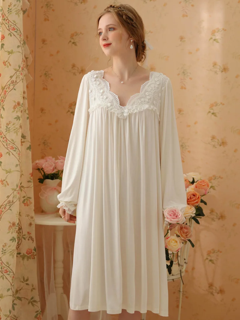 Women Princess Nightdress Spring Long Sleeve Modal Cotton Court Retro Princess Sleepwear Sexy Fairy Dress Sweet Nightgowns
