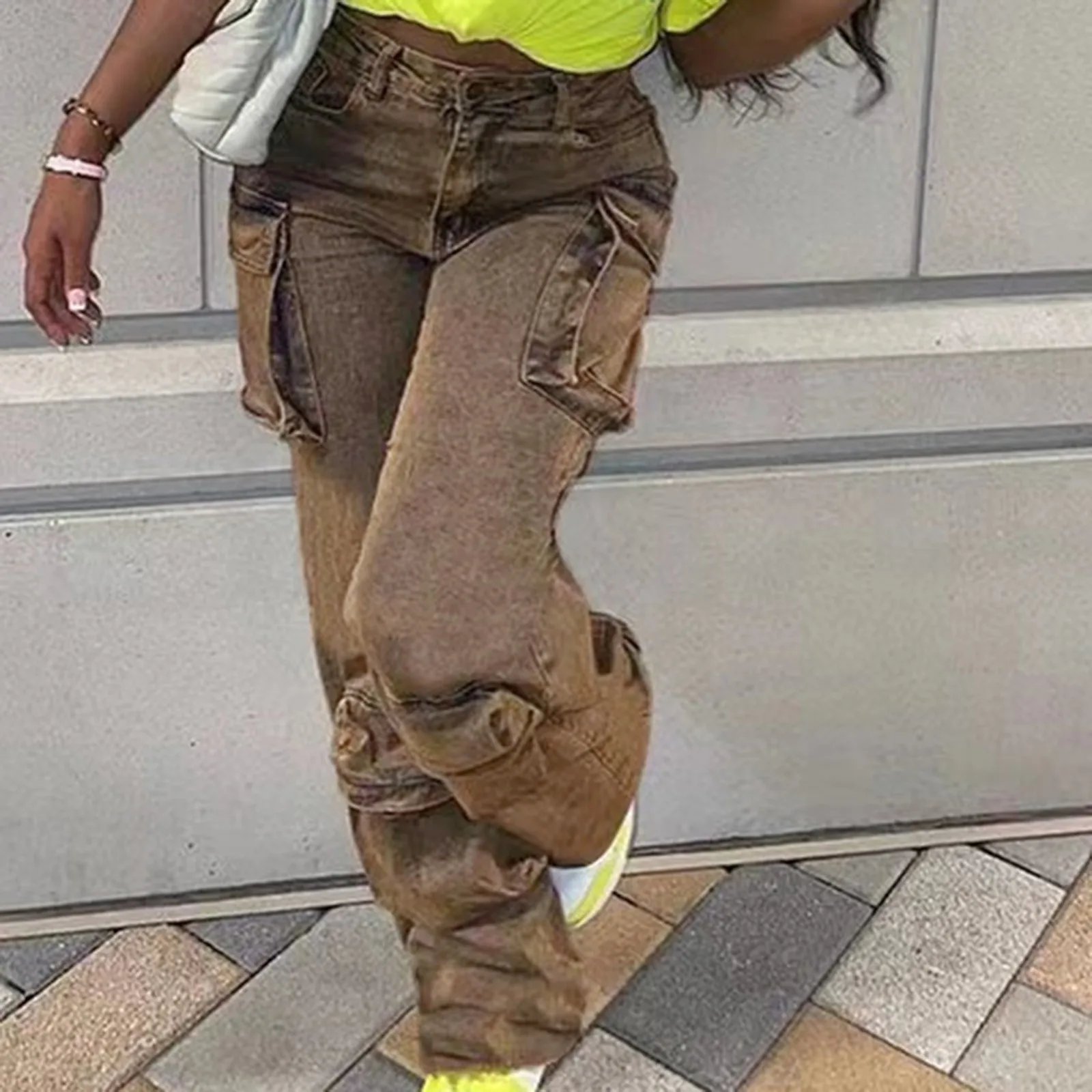 

Autumn Versatile Cargo Jeans Women Streetwear Washed Denim Trousers Vintage Hip Hop Casual Fashion Wide Leg Pants Female New