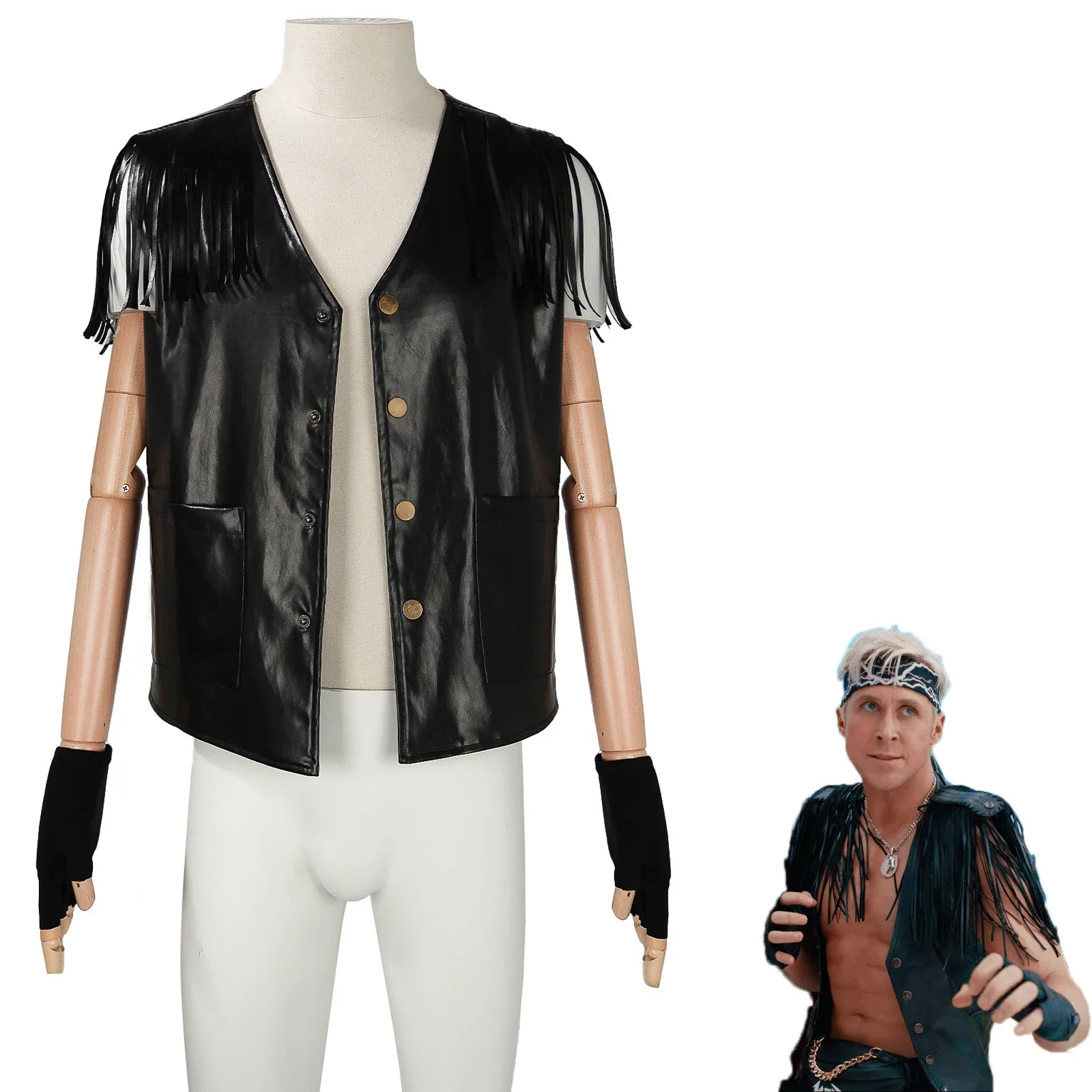 Movie Ryan Gosling Cosplay Vest Adult Men Black Leather Top Coat Suit Halloween Costume Outfit Uniform Party