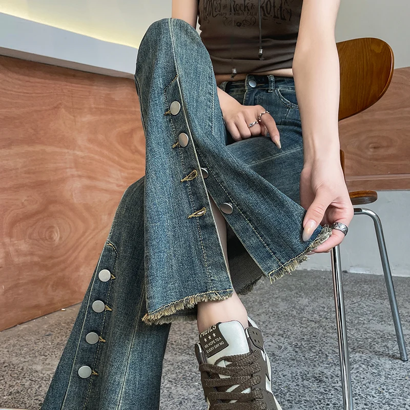 

Vintage Blue Flare Jeans Women Summer New High Waist Skinny Jeans Korean Street Streetwear Y2K Casual Washed Denim Trousers lady