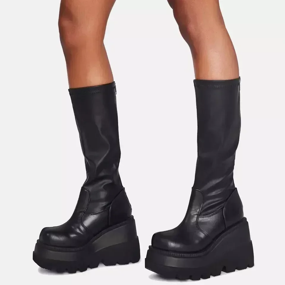 Punk Women Platform Boots Elastic Microfiber Chunky Heel Mid-calf Ladies Boots 2025 Spring Autumn