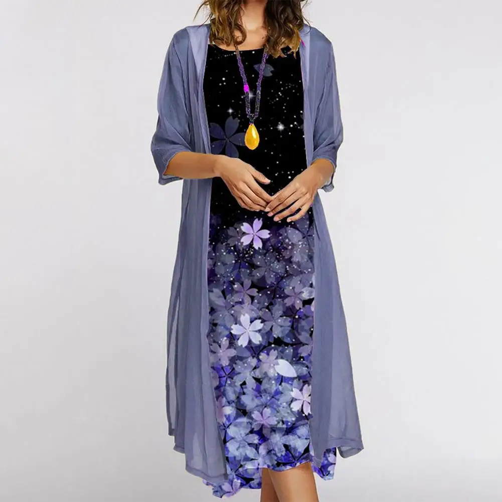 

Midi Dress Set Casual Loose-fitting Round Neck Dress Summer Ladies Dress Set Vintage Elegant Dress Set for Daily Wear
