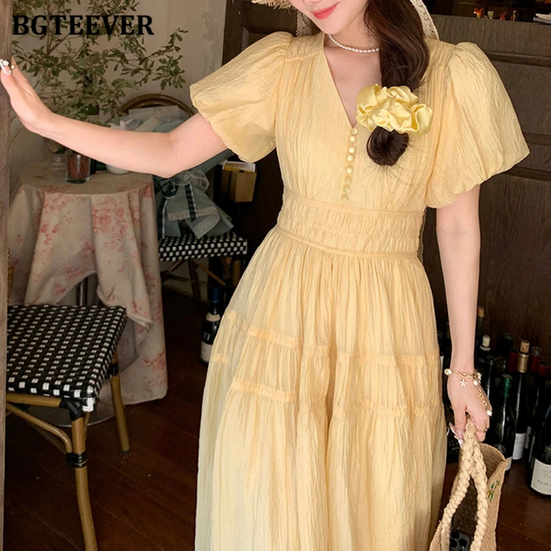 

BGTEEVER Chic Summer Elegant Puff Sleeve Women A-line Dress V-neck Slim Waist Female Mid-Length Dress Casual Ladies Vestidos