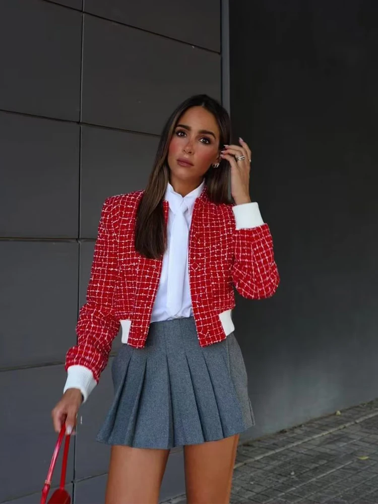 

MG-aviator jacket new contrasting design red plaid blazer 2023 autumn fashion small fragrance loose top