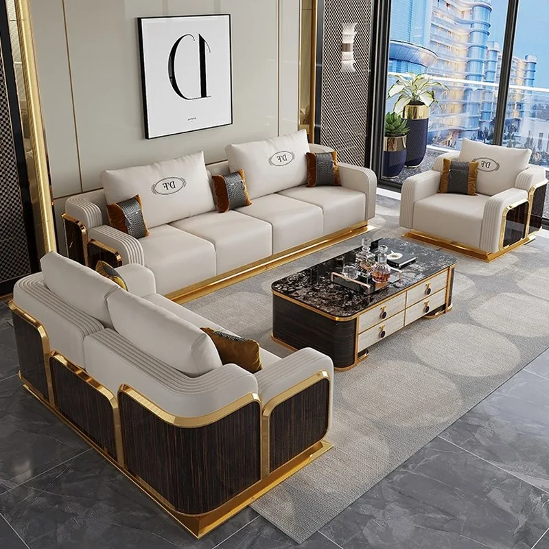 Leather With Wooden Sofa Set Modern Luxury Fashion 2/3/4 Seater Sofa Leather Couch For Living Room Accept Customzied Color